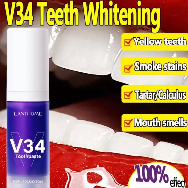 Mousse Pembersih gigi 30ml V34, pasta gigi tekan Botol ungu menghilangkan noda mengurangi kuning perawatan mulut ﻿