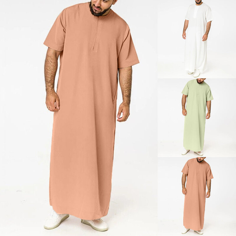 Saudi Style Zipper Jubba Thobe 2023 Men Solid Color Robes Casual Vintage Short Sleeve O Neck Muslim Arabic Islamic Clothes S-5XL