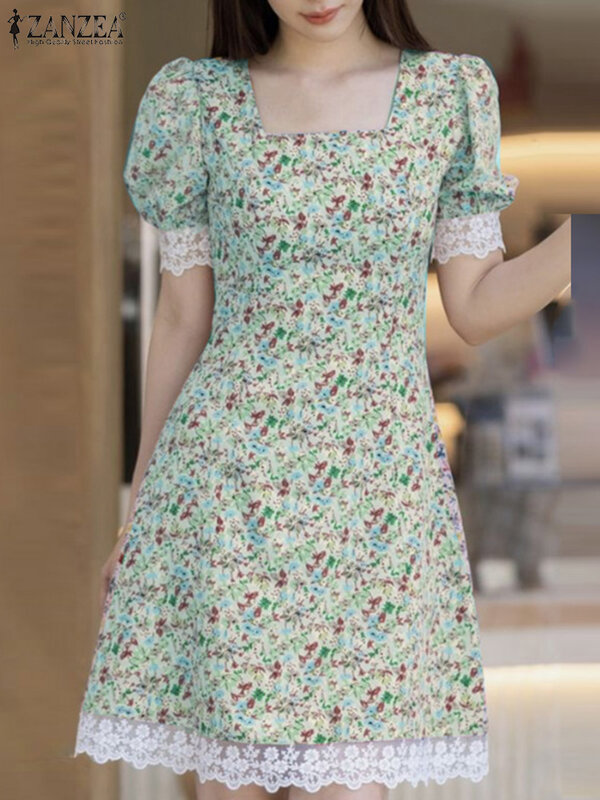 Элегантное платье ZANZEA с коротким рукавом-фонариком, модель 2024 года, летнее Мини-Платье с принтом, корейское платье с квадратным вырезом, женское платье с регулируемой талией
