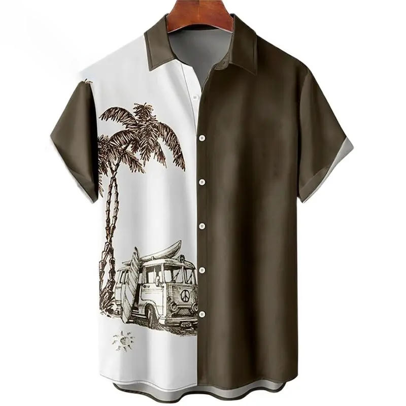 Hawaii kaus pantai pria, baju atasan ukuran besar, busana musim panas lengan pendek kasual cetak pohon kelapa