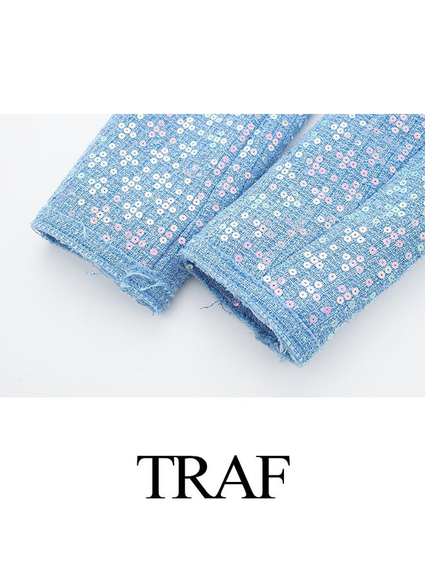 TRAF-Casacos curtos chiques femininos, casacos de rua femininos, gola O, mangas compridas, bolsos, decoração de lantejoulas, azul, moda verão, novo