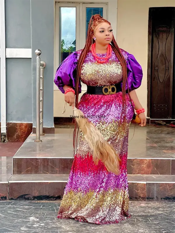 Polyester afrikanische Kleider für Frauen 2023 Sommer Frühling afrikanische halbe Ärmel O-Ausschnitt Pailletten langes Kleid Maxi kleid afrikanische Kleidung