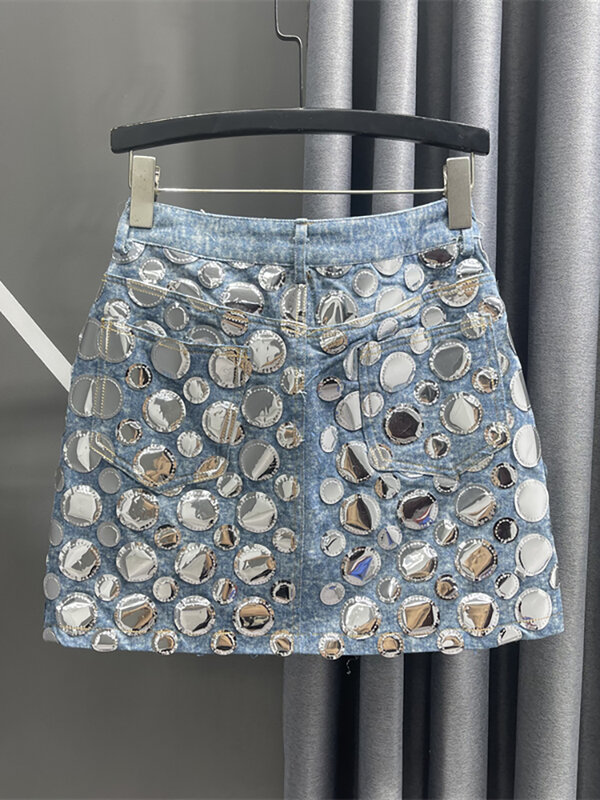 Saia jeans de cintura alta feminina, patchwork de lantejoulas redondas, minissaia azul quadril, nova moda, primavera, 2022, 29L4143