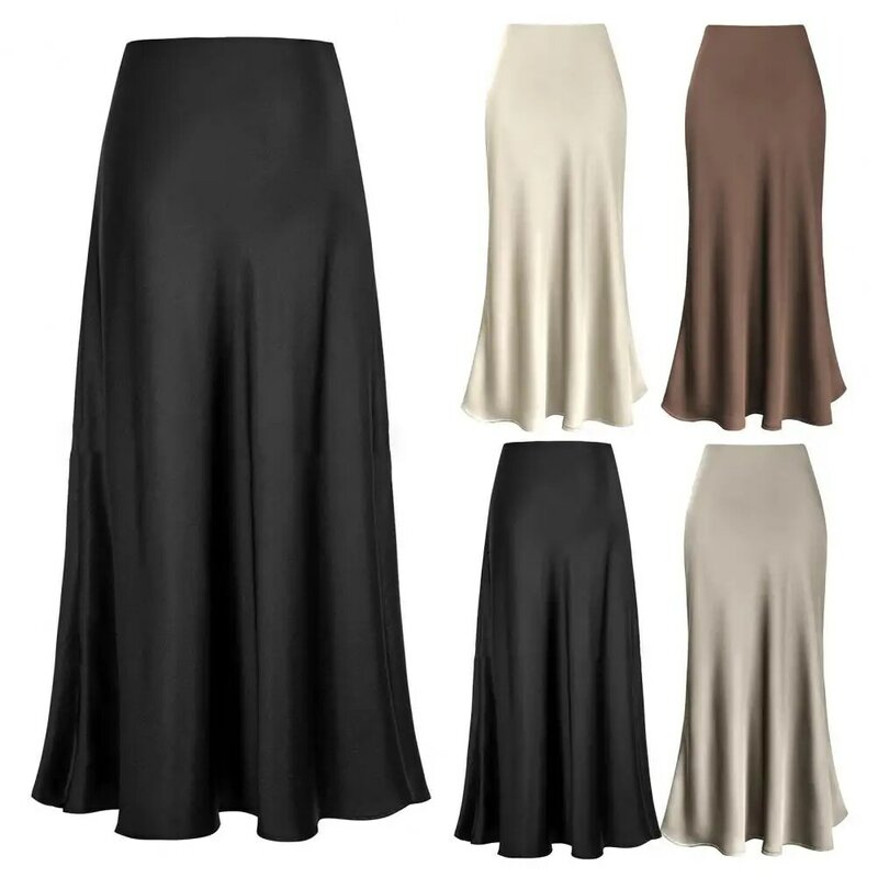 Faldas elegantes de satén de seda para mujer, falda de cintura alta, Faldas de línea a de moda coreana, Faldas de oficina brillantes de Color sólido
