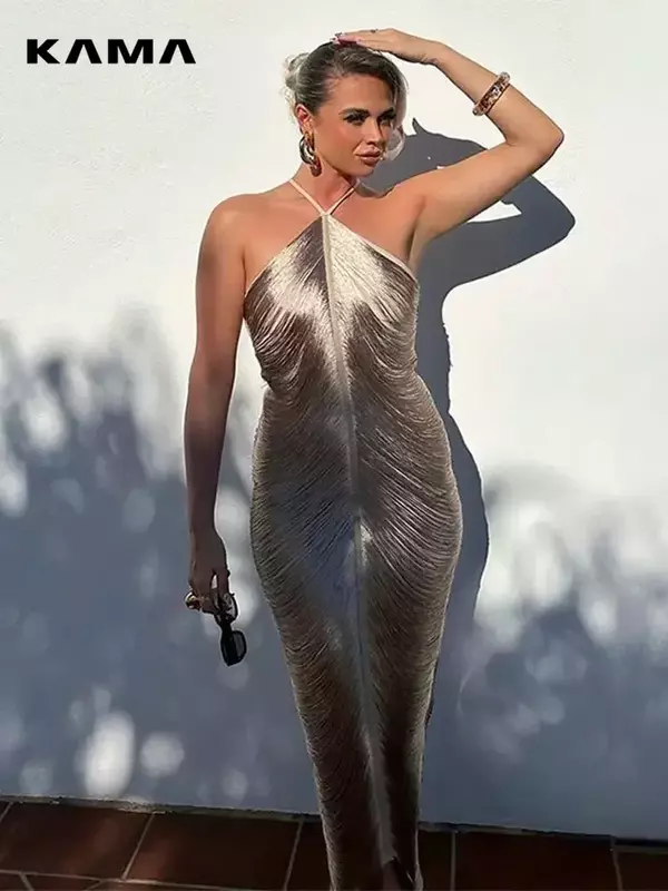 Elegantes Shinny Metallic Neck holder Midi Kleid für Frauen ärmellose rücken freie Bodycorn lange Vestidos Lady Party Club Abend roben