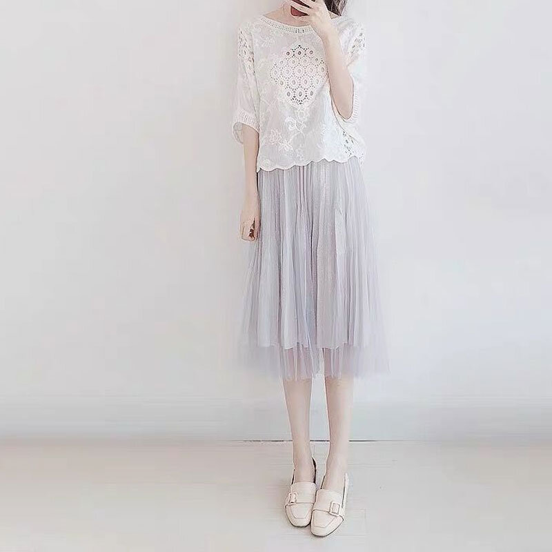 Mori estilo menina cor sólida blusa solta 2023 moda verão oco para fora casual em torno do pescoço roupas femininas rendas camisa all-match