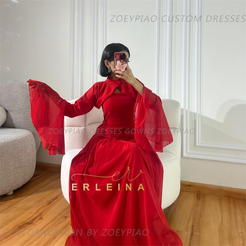 Red A-line Chiffon Formal Occasion Evening Dresses Sweet High Neck vestidos de fiesta Arabic Full Sleeves Dubai Porm Dresses