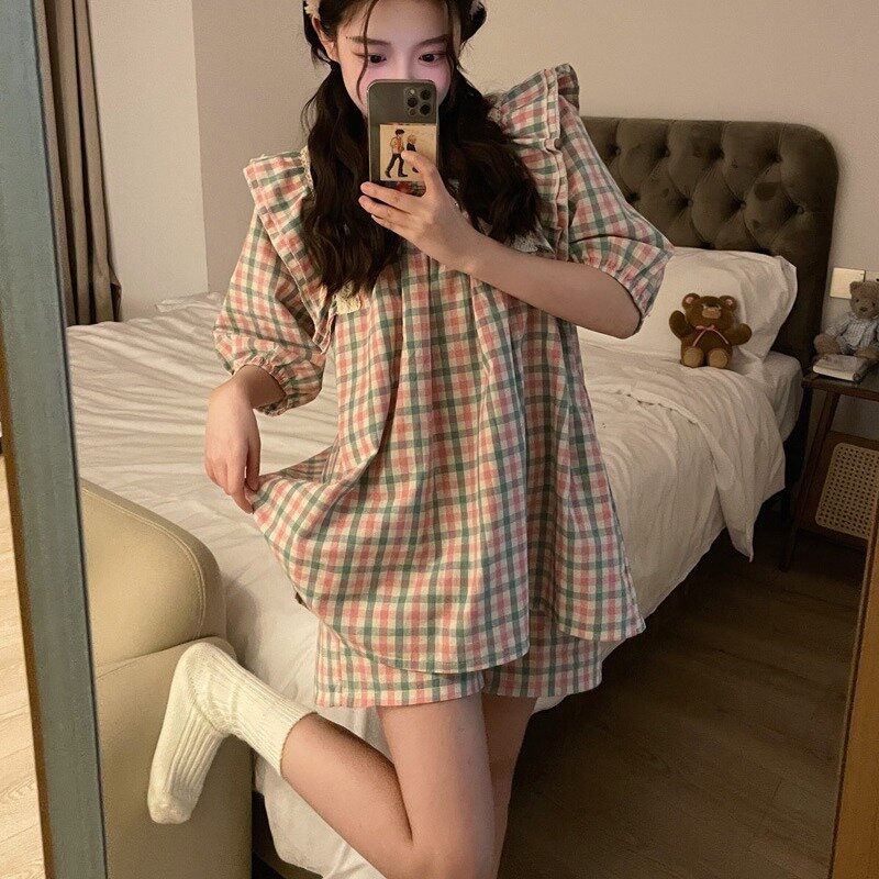 Пижамные комплекты для женщин, летние модели девушек с оборками, кружевными вставками в стиле пэчворк, в Корейском стиле, повседневные, для студентов, Kawaii