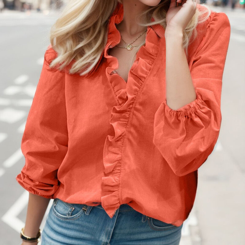 2024 Summer Casual Ruffles Ladies Shirt Office Lady Blouses Women Floral Long Sleeve Loose Female Solid Tunic Elegant Clothing