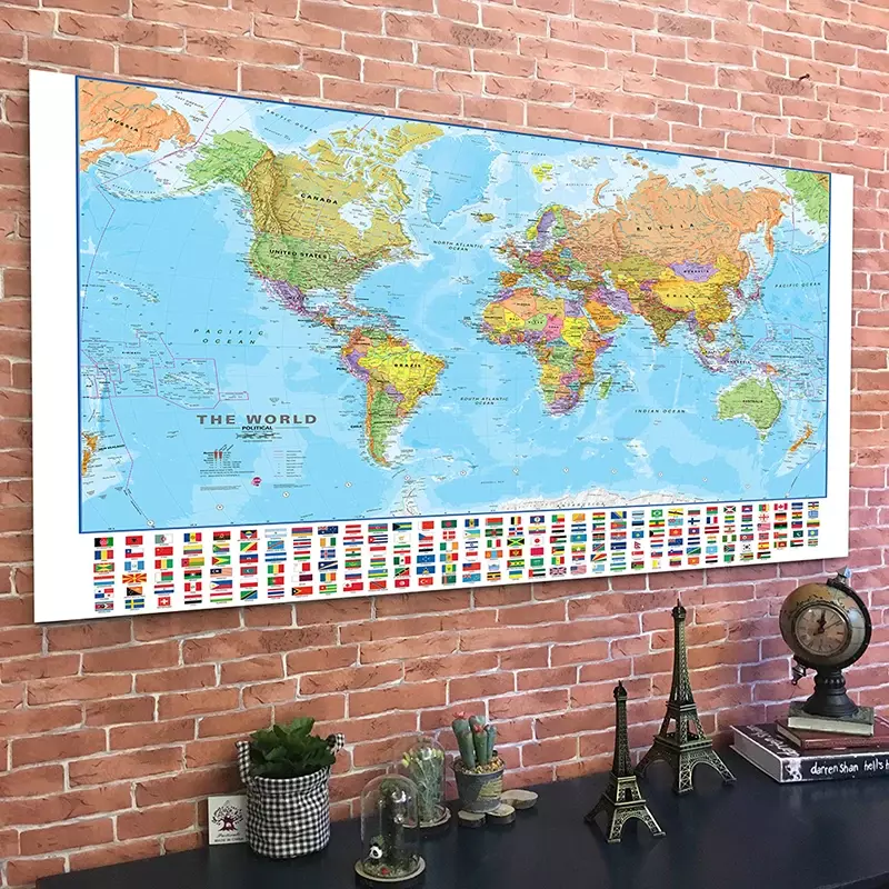 120x80cm peta dunia dengan bendera negara non-tenun lukisan dinding seni Poster dicetak gambar dekorasi rumah perlengkapan sekolah kantor