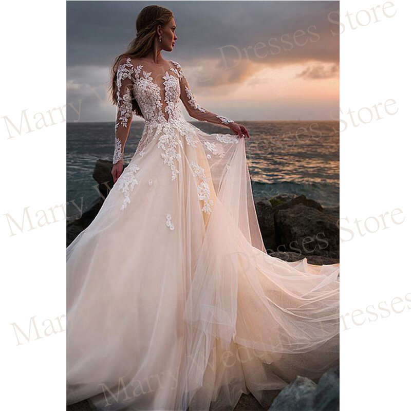 Indah klasik A Line gaun pernikahan wanita elegan renda applique gaun pengantin anggun lengan panjang ilusi Robe De mariee