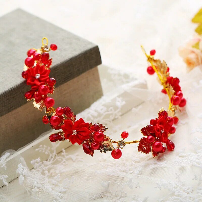 มงกุฏเพชรทำมือรูปดอกไม้สีแดงหรูหราสไตล์เกาหลีเครื่องประดับผมงานแต่งงานสไตล์เกาหลีใหม่