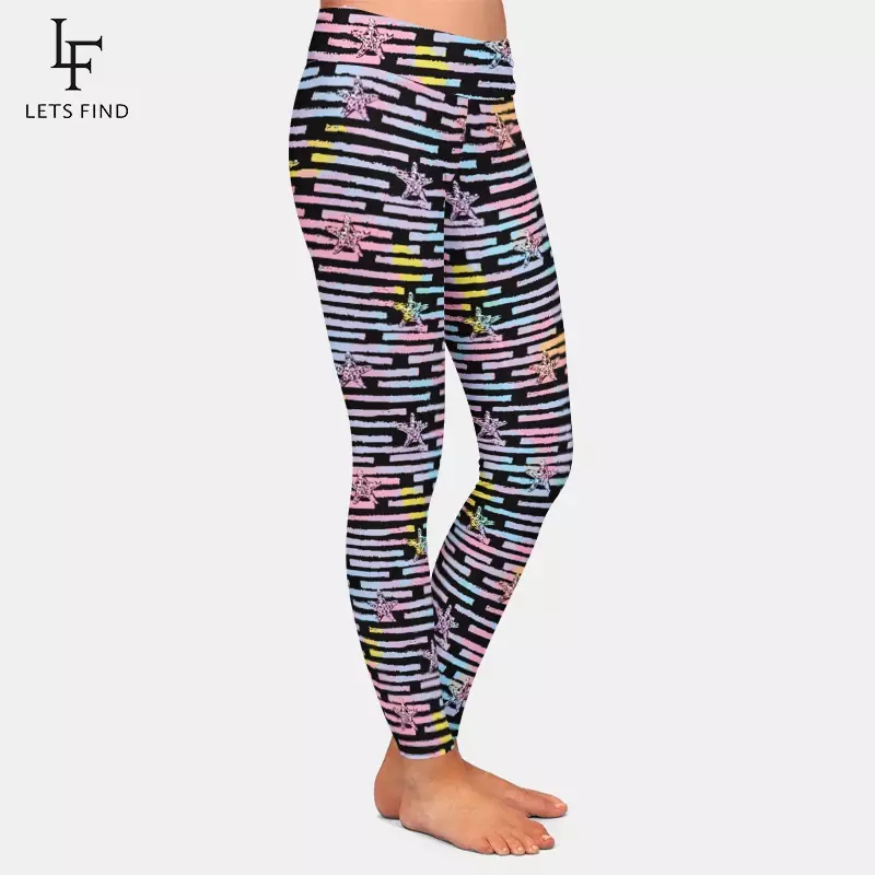 LETSFIND-Leggings de cintura alta feminina com estampa de estrelas e listras 3D, calças de comprimento do tornozelo de poliéster, leggings fitness, alta qualidade