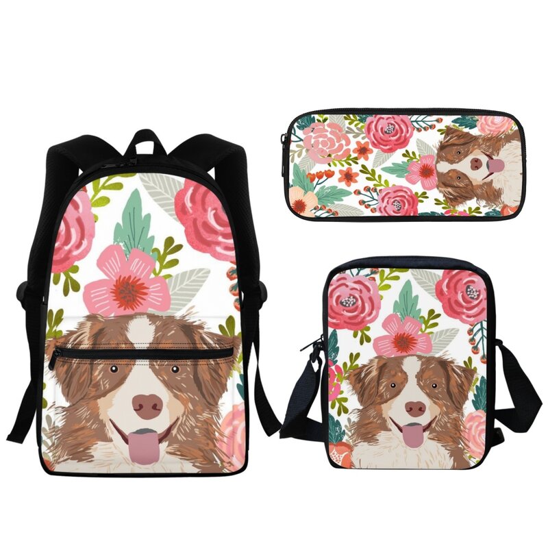 Cartoon Dog e Floral Print School Bags para crianças, mochila Zipper, presente de volta à escola, ferramentas de aprendizado, animais fofos, engraçado, 3 pcs