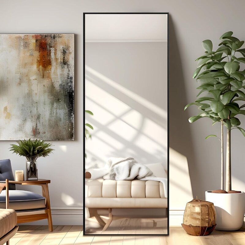 Cermin panjang penuh, gantungan Hitam atau bersandar di dinding paduan aluminium bingkai tipis 65 "x 22" bebas barang ruang tamu rumah