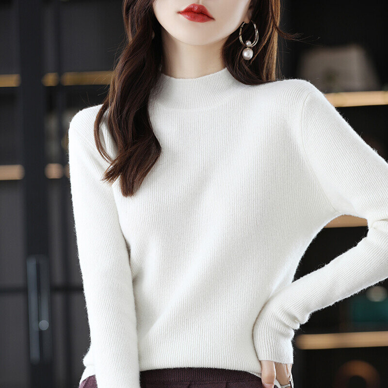 Suéter de lana para mujer, Jersey holgado de manga larga y cuello alto, Top cálido de punto de fondo, 100, otoño e invierno, 022