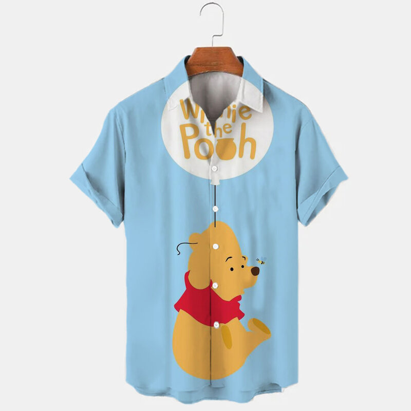 2022 New Summer Disney Branded Winnie the Pooh Cartoon Casual 3D Printed Short Sleeve Lapel Shirts Slim Fit Men's Tops