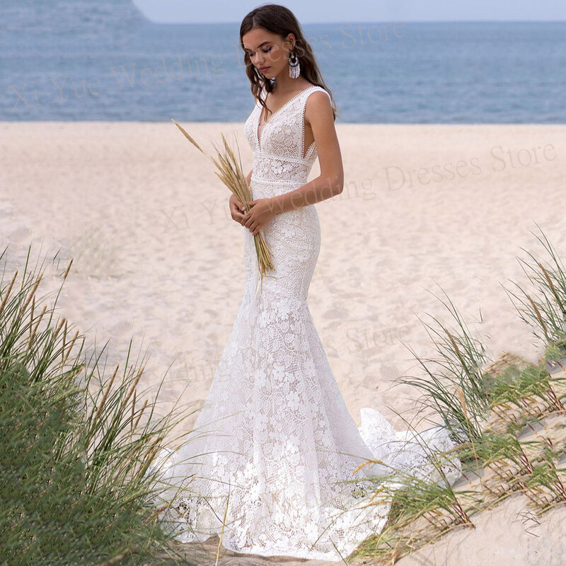 Boho Exquisite Mermaid Sexy V Neck Wedding Dresses Appliques Lace Backless Illusion Bride Gowns Court Train  For Formal Party