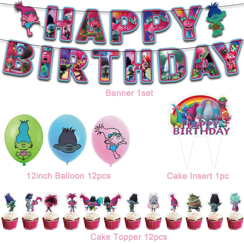 Perlengkapan dekorasi pesta ulang tahun, hadiah anak Baby Shower, latar belakang balon alat makan sekali pakai, perlengkapan dekorasi pesta ulang tahun, tema Elf, rambut ajaib, Disney TROLLS