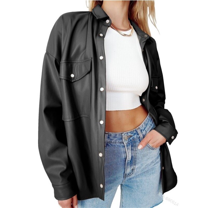 Trend Women Leathers Jackets Polo Collar Solid Color Casual Jacket Pu Coats Pocket Single-Breasted Punk Coat Jackets Outwear