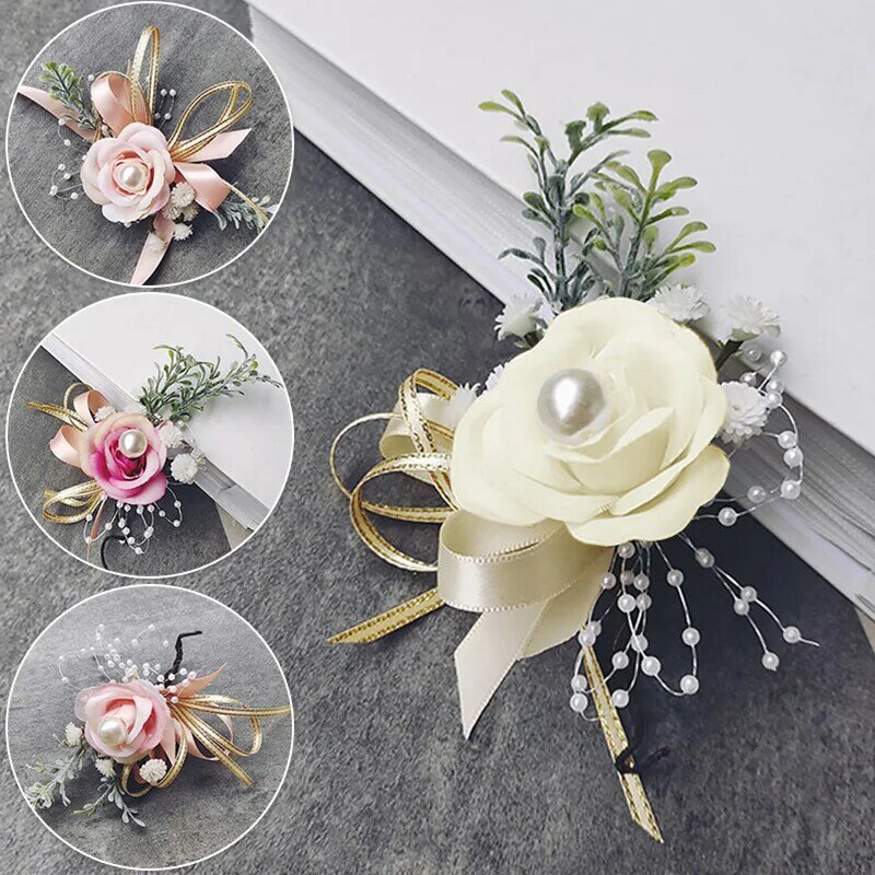 Elegante Corsage Pin Hand Blume Perle Band Handgelenk Blumen Band Perle Bogen Braut Geschenke Hand Blumen Hochzeit Zubehör