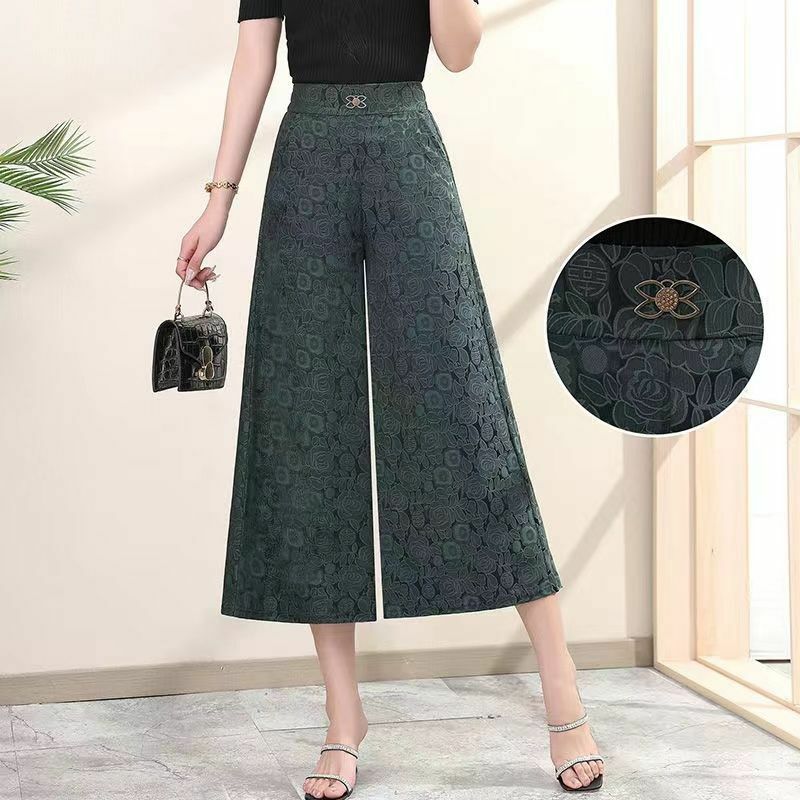 Summer Elastic High Waist Wide Leg Pants Women's Fashion Jacquard Patchwork Pockets Casual Loose Quick Drying Straight Trousers