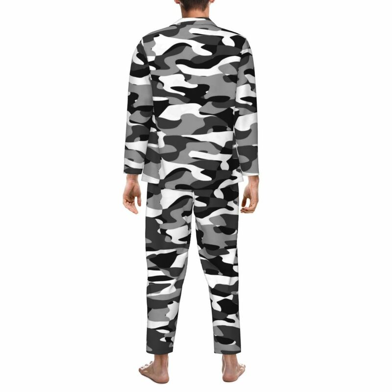 Conjunto de pijama retrô grande masculino, pijamas masculinos, camuflagem cinza escuro, preto e branco, na moda, quarto, outono, 2 peças