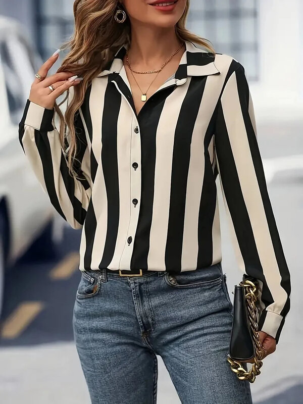 Fashionable Women's European and American Elegant Striped Printed Shirt 2024 Spring and Summer Plus Size Women's Long Sleeve Top