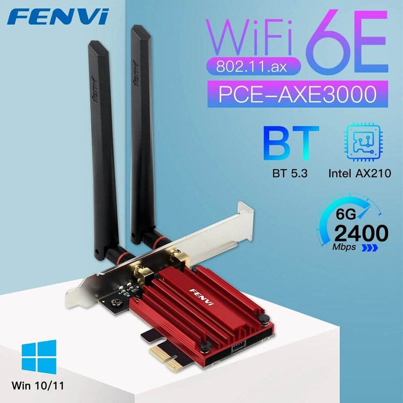 Fenvi wifi 6e ax210 5374mbpsワイヤレスpcieアダプタートライバンド2.4g/5g/6ghz互換性のあるbluetooth5.3ネットワークwifiカード10/11用