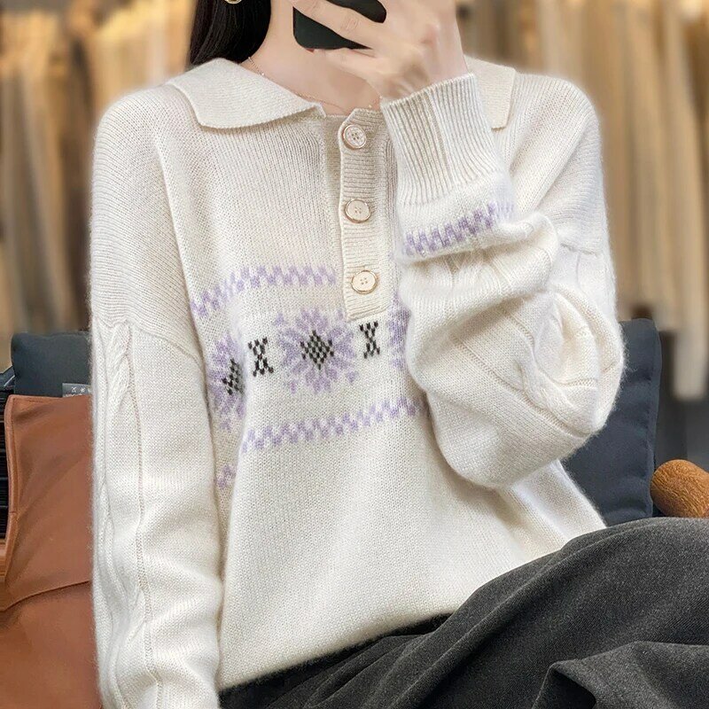 Camisa de fondo de punto de lana para mujer, jersey de cuello tipo POLO, ligero, de lujo, diseño avanzado, Cachemira suelta, 100%, Otoño e Invierno