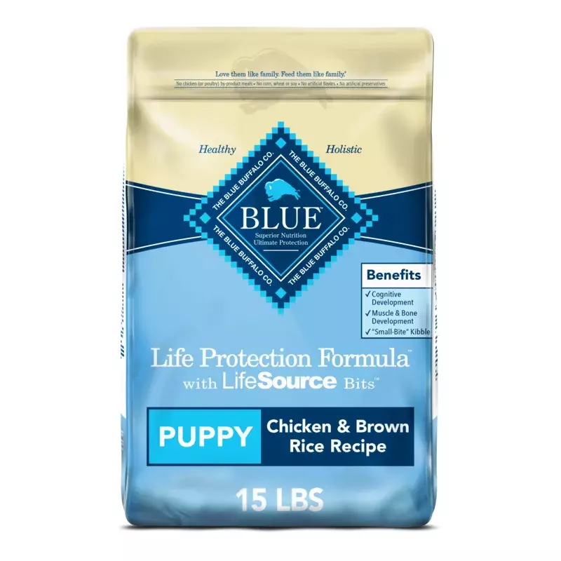 สีน้ำเงินควายสูตรป้องกันชีวิตไก่และข้าวกล้องข้าวแห้งอาหารสุนัขสำหรับลูกสุนัขโฮลเกรนถุงขนาด15ปอนด์