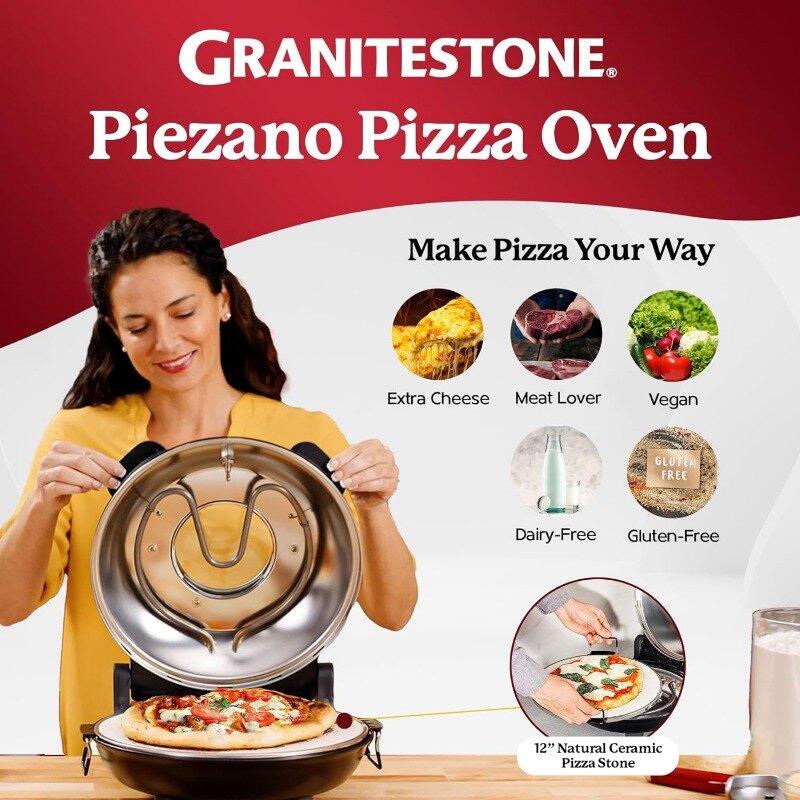 Духовка для пиццы Piezano Granitestone, электрическая духовка для пиццы, домашняя портативная, 12-дюймовая внутренняя печь для пиццы, столешница