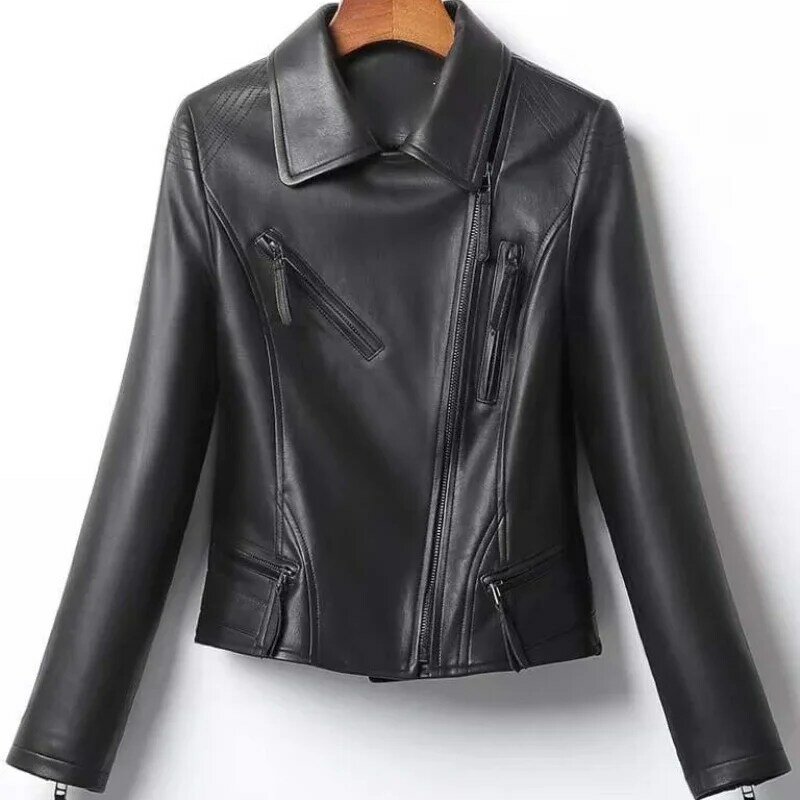 2023 Spring and Autumn New Sheepskin Genuine Leather Women's Locomotive Short Leather Jacket Slim Fit Coat