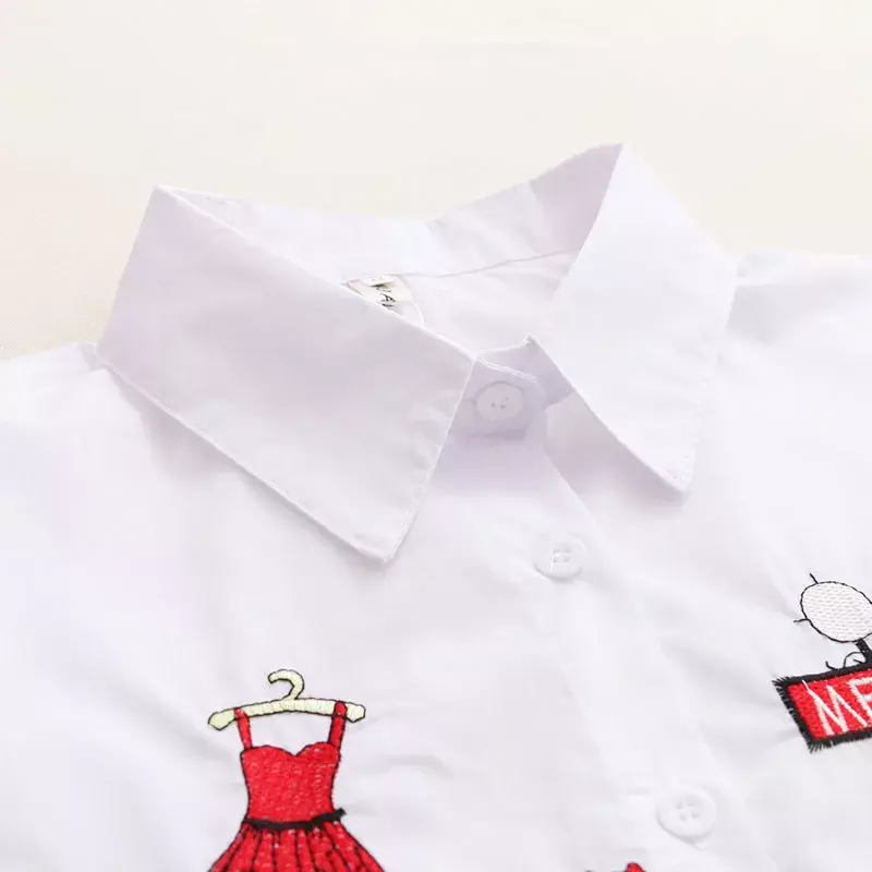 Blusa de algodão bordado de manga comprida feminina, gola virada para baixo, design casual de botões, branca, nova, camisa feminina, senhora, 2024, 2023