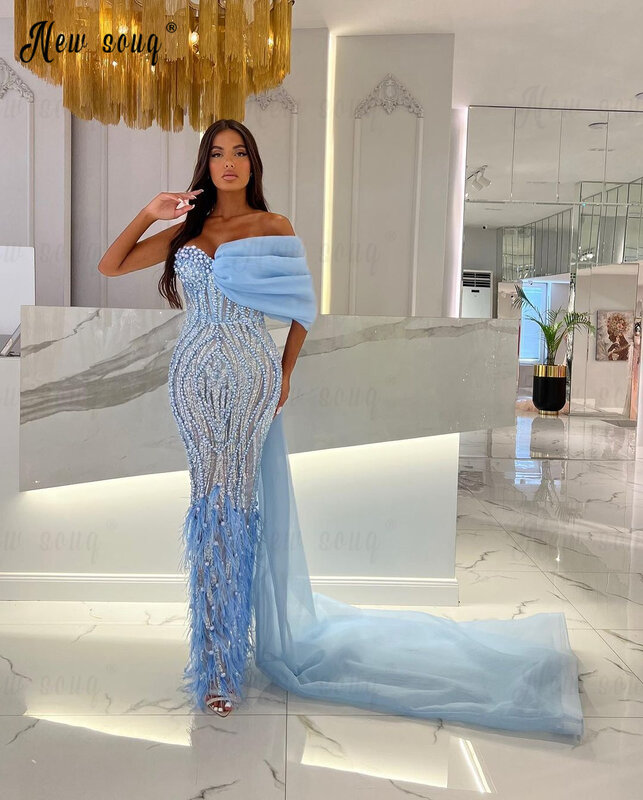 Couture gaun Prom bulu biru dengan kereta panjang 2023 gaun pesta pernikahan mutiara gading gaun Formal Dubai gaun Formal Vestidos De Noche