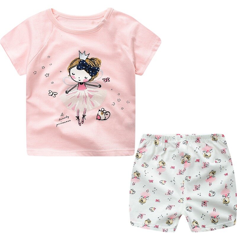 Baju butik anak laki-laki dan perempuan, baju olahraga merah muda kasual atasan tipis + celana pendek bermotif, pakaian 2 potong untuk anak-anak