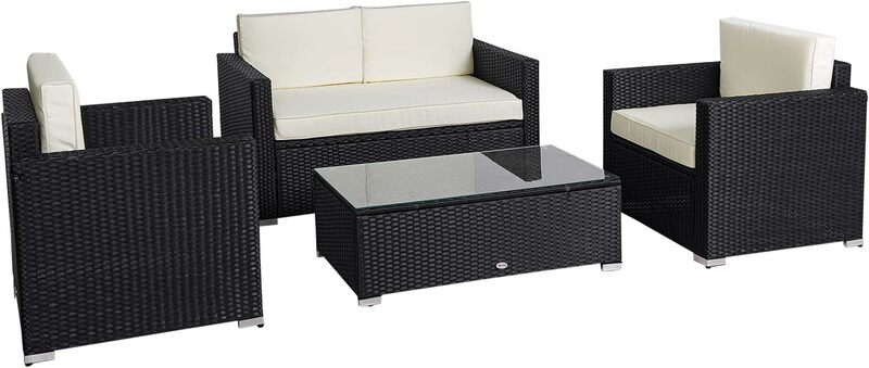 4 Piece Wicker Patio Furniture Set with Cushions, Outdoor Sectional Furniture with 2 Sofa, Loveseat, and Glass Top Coffee Table