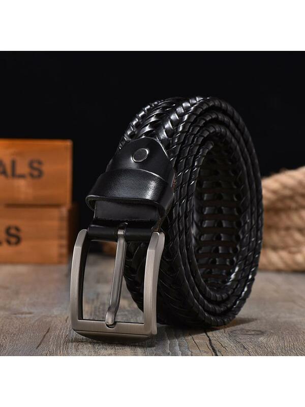 Cinturón tejido a mano para hombre, cinturón Retro de cuero puro de 4cm de ancho, hebilla de aguja informal, accesorios marrones para ropa, 2022