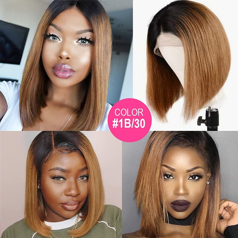 Lace Front Ombre Honey Blonde Bob Wig para Mulheres Negras, Honey Brown Straight Cabelo Humano Perucas, Lace Part Perucas, 13x1