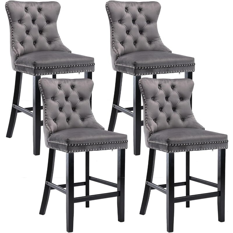 Bar Stool Set of 2, Velvet Upholstered Barstools with Solid Wood Legs, Button Tufted and Trim, Wing-Back Bars Chairs, Bar Chair