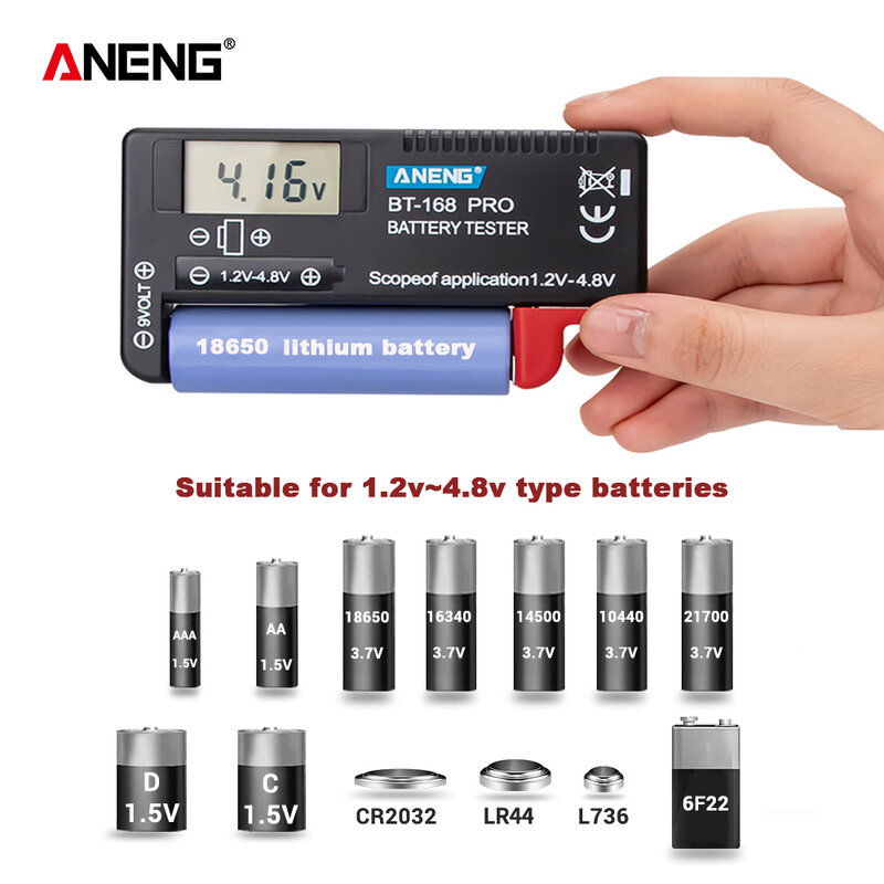 ANENG BT-168 PRO Probador de Baterías de Litio Digital, Herramienta de Diagnóstico, Pantalla LCD, Comprobación de Pilas AAA, AA, Botón, Analizador Universal de Capacidad de Carga