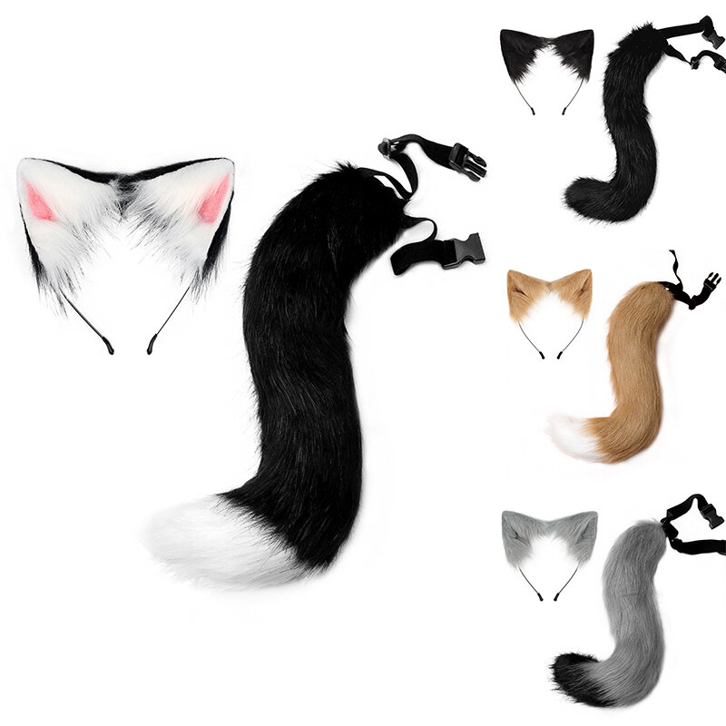 Diadema esponjosa con orejas de gato y zorro, conjunto de cola de Aro para el pelo, accesorios de Cosplay para fiesta de Halloween, novedad