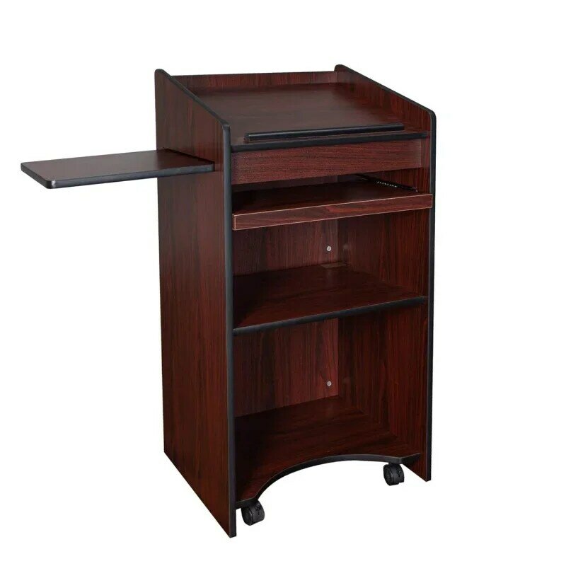 Mobile Floor Lectern with Side Shelf And Keyboard Tray, Mahogany