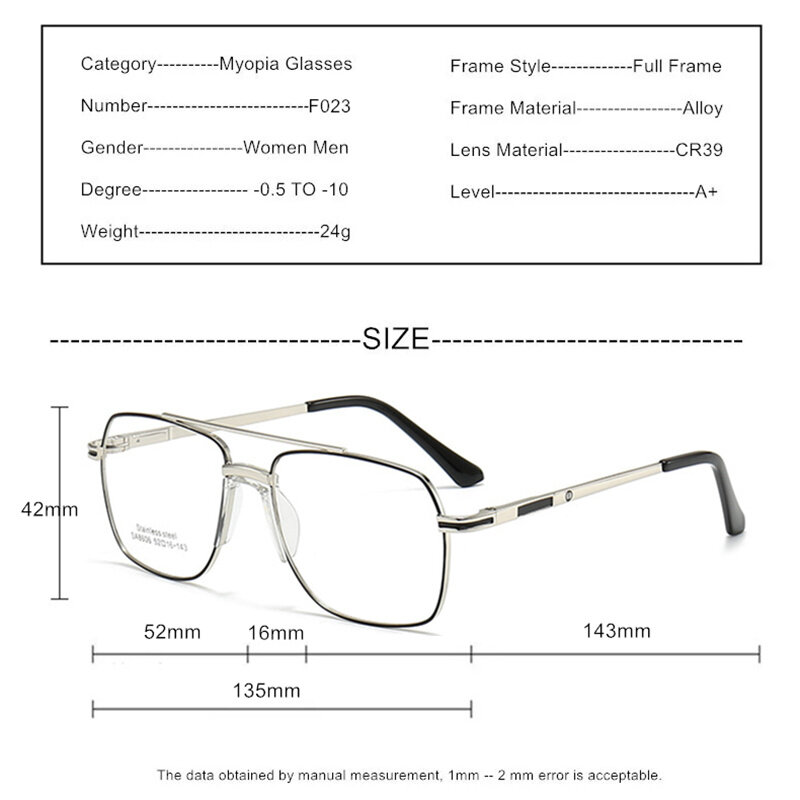처방전 맞춤형 근시 안경 -0.5 ~ -10 남성 여성 근시 용 고급 트윈 빔 합금 프레임 안경 F023