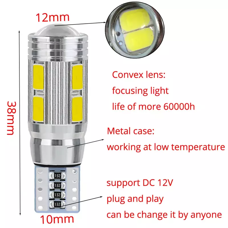 Canbus LED電球,パーキングライト,サイドスタイリング,ブレーキ,リバースライト,12Vおよび10smd,5630, 5730,10smd,2個
