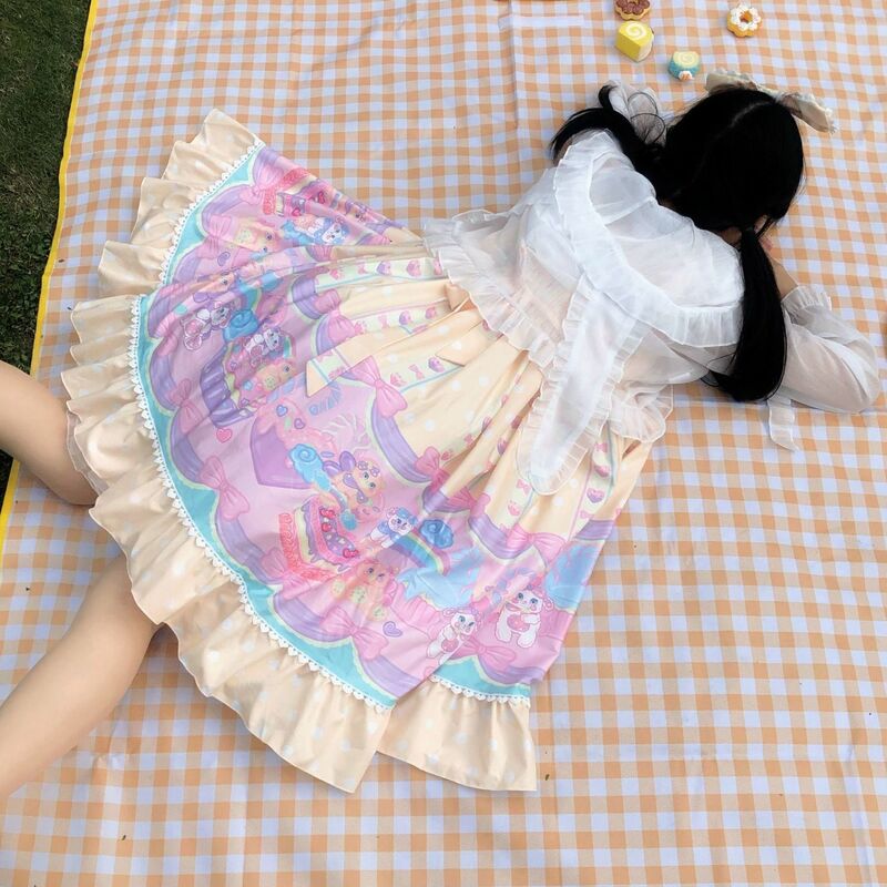 Vestido vitoriano Vintage Lolita para mulheres, sem mangas, laço, Princess Party, Sobremesa, Doll House Print, Meninas, Sweet Jsk, Halloween