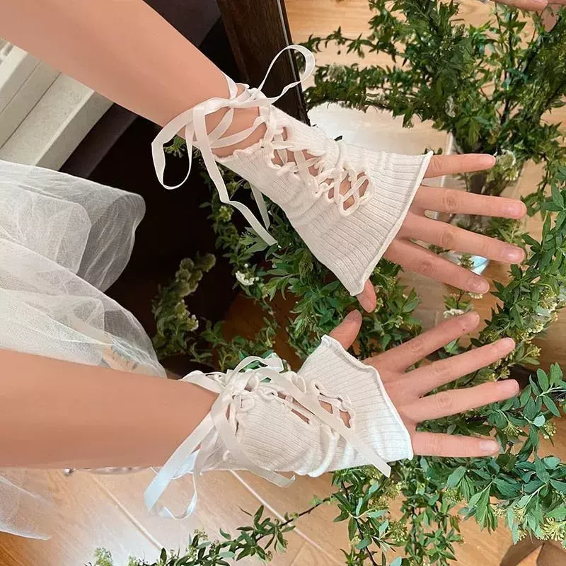 Nowy projekt damski seksowna z wiązaniami rękawiczki bez palców gotycki DIY rękaw przeciwsłoneczny Lolita Jk Emo Y2k elastyczna siatka rękawiczki Punk