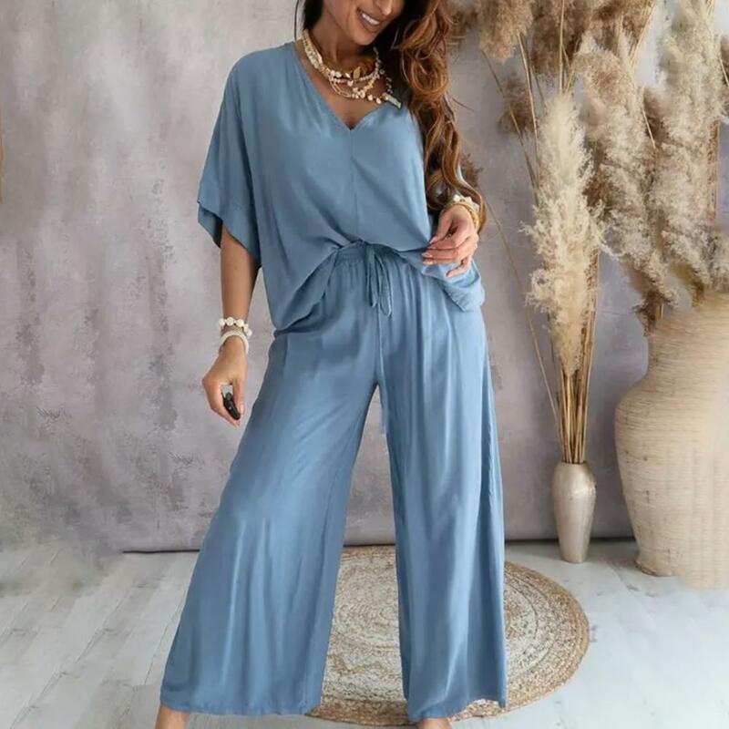 Women Blouse Pants Set Stylish Women's Top Pants Set with Wide Leg Trousers V Neck Bat Sleeve Loose T-shirt High for Casual