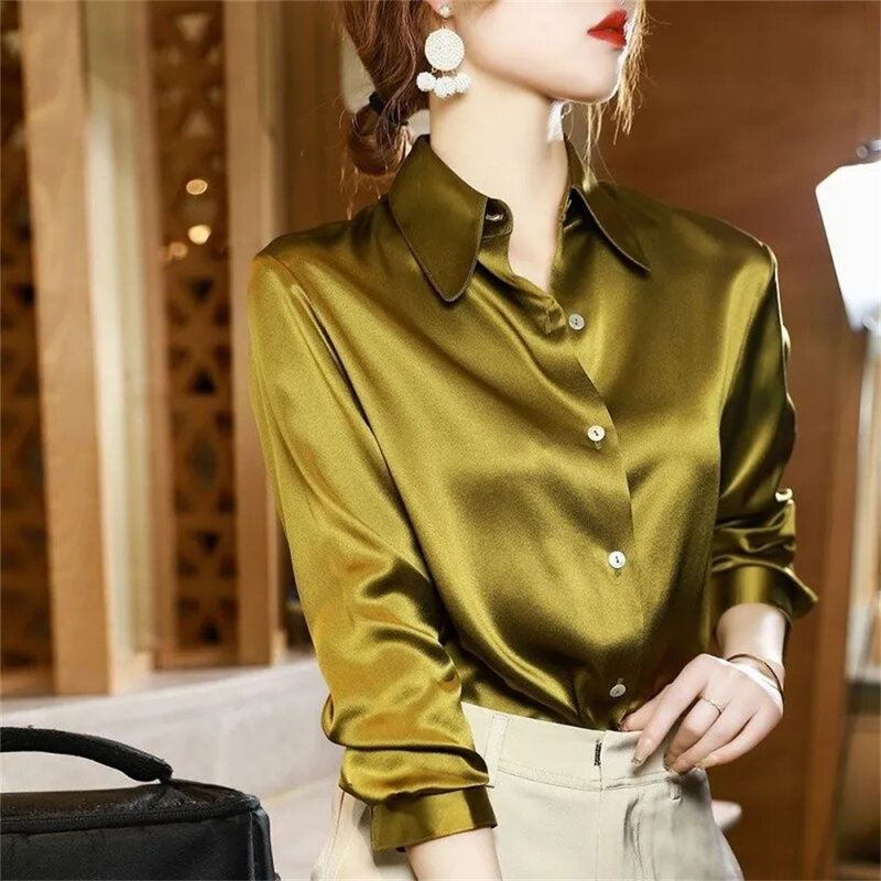 High Quality Shirt Women's Summer Drape Thin Style New Long Sleeved Loose Slim Office Luxury Top Silk Satin Blouse