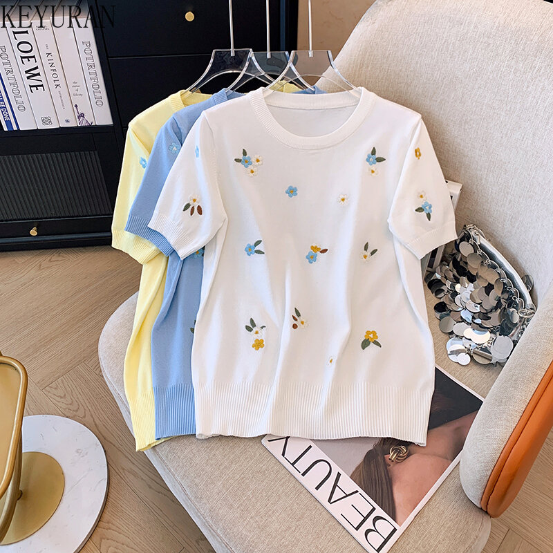 Женский трикотажный свитер с цветочной вышивкой, винтажная свободная простая футболка с коротким рукавом и круглым вырезом, лето 2024